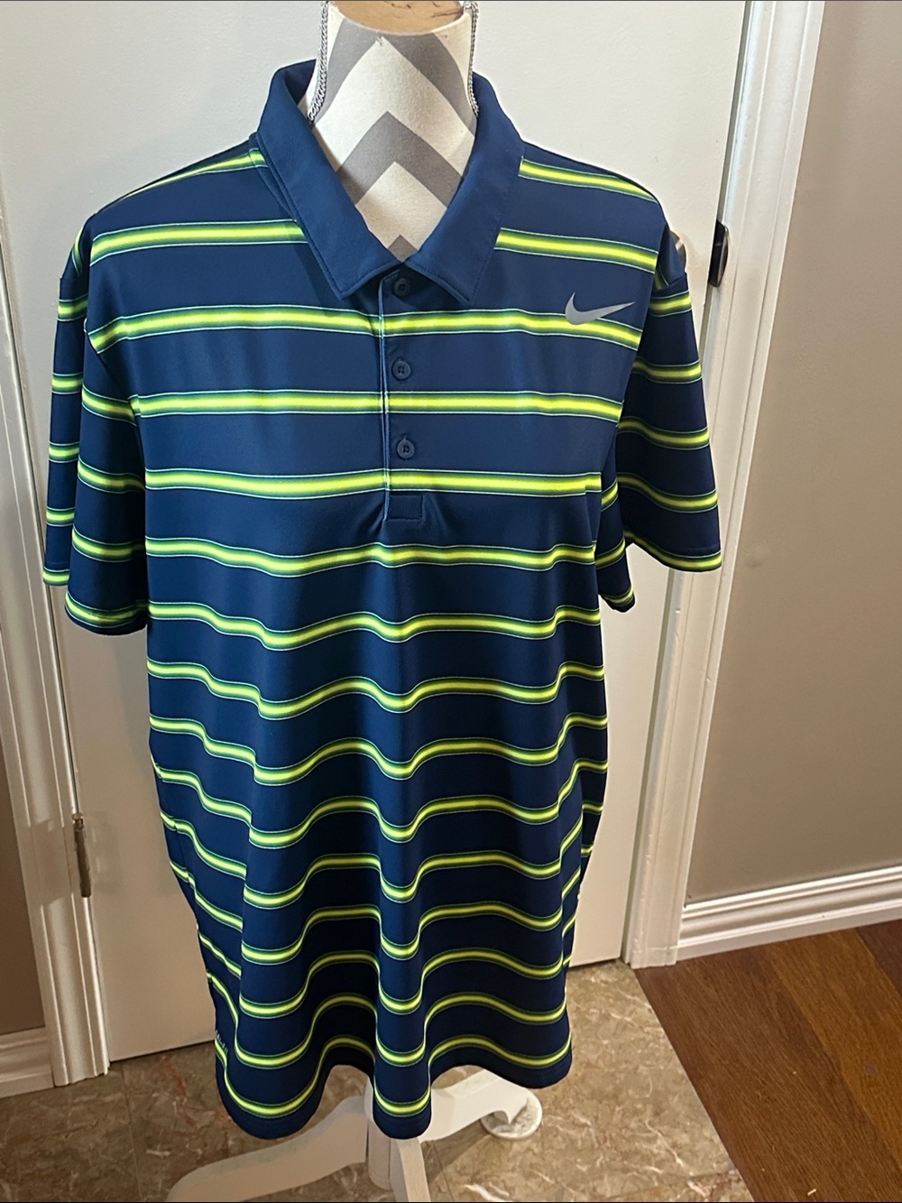 Nike Men’s Navy with Lime Green Striped Performance Polo